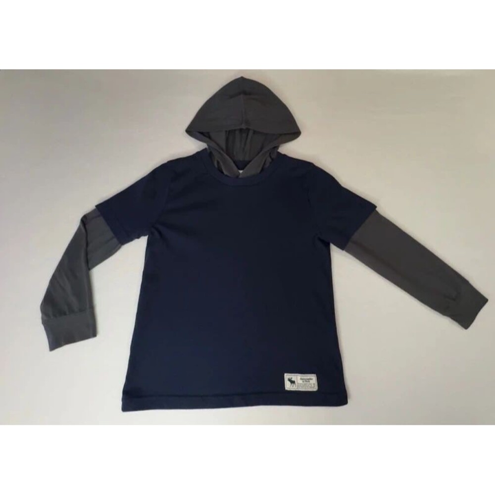 Abercrombie Kids Two-Tone Mock Layer Hoodie Navy Gray Size 7/8